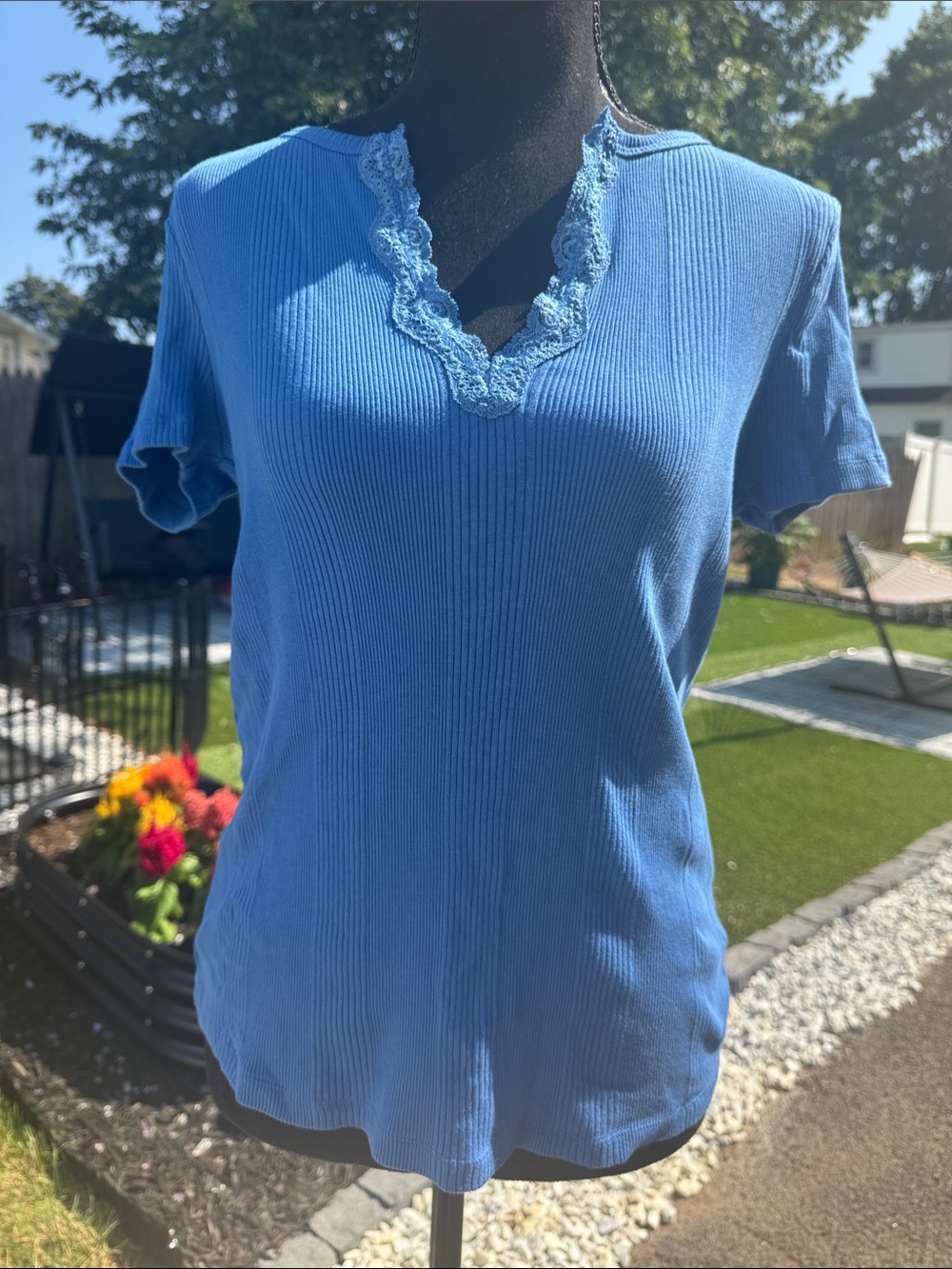 Sigrid Olsen Blue Lace-Trim Ribbed Short Sleeve Top
